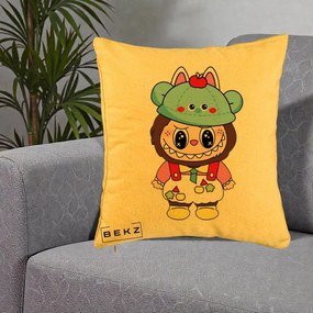 Perna Personalizata Labubu x Urs Albastru Colorat, 40x40 cm, Galben, Husa Detasabila, Perna Inclusa, BEKZ®