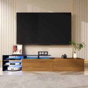 Comodă TV cu iluminare LED, spațiu de depozitare și rafturi din sticlă, 170x33x33,5 cm, Negru+Culoare naturală