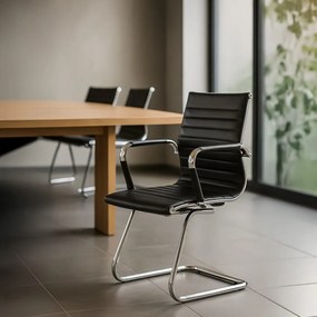 Scaun vizitator negru OFF 806 din piele ecologică și cadrul cromat cu mânere metalice