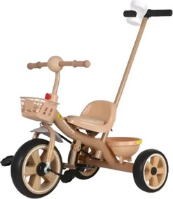 Tricicleta cu maner parental detasabil, NBW, roti silentioase EVA si doua cosuri, 2-5 ani, Crem