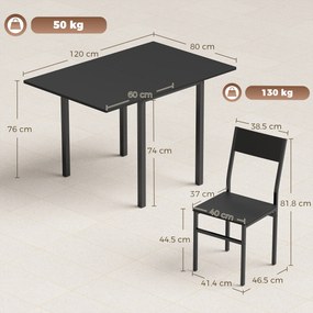 HOMCOM Set Masă și Scaune Dining 5 Piese Extensibil cu MDF și Metal, 80-120 cm, 4 Scaune Stivuibile, Negru | Aosom Romania