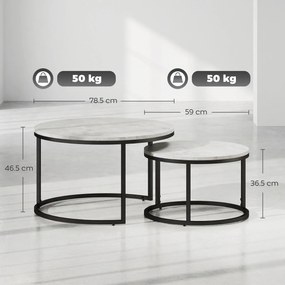 HOMCOM Set 2 Masute de Cafea care se Suprapun, Masute pentru Salon Rotunde din Metal si MDF Efect Marmura, Gri si Negru