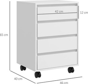 HOMCOM Comodă de Birou cu 4 Sertare și Roți pentru Studiu 46x40x65 cm Alb | Aosom Romania