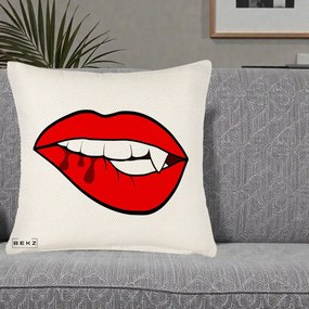 Perna Decorativa Vampire Lips Halloween, 40x40 cm, Crem Reliefat, Husa Detasabila, Perna Inclusa, BEKZ®