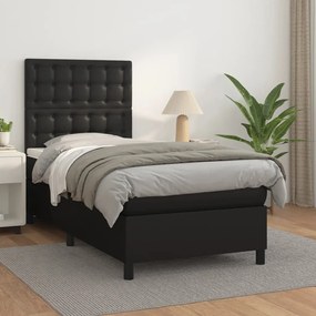 vidaXL Pat box spring cu saltea, negru, 90x200 cm, piele ecologică