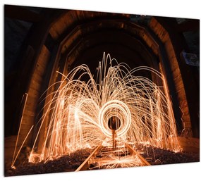 Tablou pe sticlă - Show de lumini deasupra șinelor (70x50 cm)