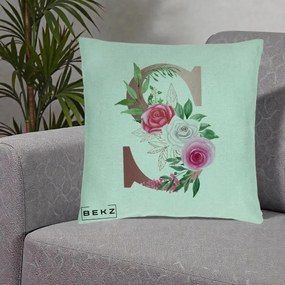 Cadou Personalizat - Perna Personalizata Monograma Rose Gold Litera S, 40x40 cm, Verde Menta, Husa Detasabila, Perna Inclusa, BEKZ®