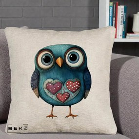 Perna Decorativa Bufnita Teal cu Doua Inimi, 40x40 cm, Bej Canapea, Husa Detasabila, Perna Inclusa, BEKZ®