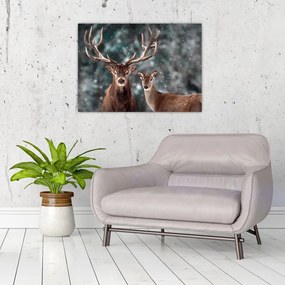 Tablou pe sticlă - Cerb și căprioare în pădurea înzăpezită (70x50 cm)