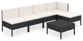 Set mobilier de gradina cu perne, 6 piese, negru, poliratan colt + 3x mijloc + suport pentru picioare + masa, 1