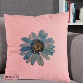 Perna Decorativa Floare Margareta Albastra Acuarela, 40x40 cm, Roz, Husa Detasabila, Perna Inclusa, BEKZ®