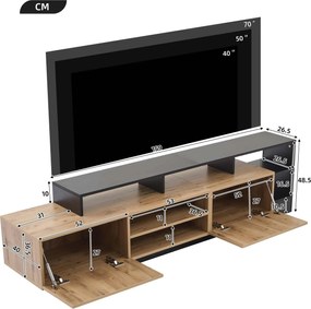 Dulap TV modern, cu iluminare LED și spațiu de depozitare deschis, 190x40x48,5 cm, Negru + Culoare naturală