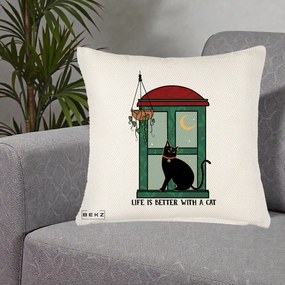 Perna Personalizata Life is Better with a Cat Geam, 40x40 cm, Crem Reliefat, Husa Detasabila, Perna Inclusa, BEKZ®