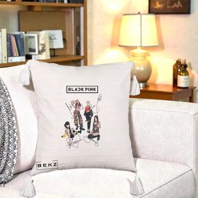 Perna Personalizata K-pop BLACKPINK Fotografie Grup Autografe Toate Membre, 40x40 cm, Bej cu Franjuri, Husa Detasabila, Perna Inclusa, BEKZ®