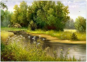 Tablou - Râu lângă pădure, pictură în ulei (70x50 cm)