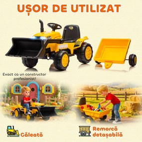 AIYAPLAY Excavator Electric pentru Copii 12V cu Cupă și Remorcă Detașabilă, Tractor Electric de Călărit cu 2 Motoare, Telecomandă, Conexiune Wireless, USB, Lumini și Muzică, 3-8 Ani, Galben | Aosom Romania