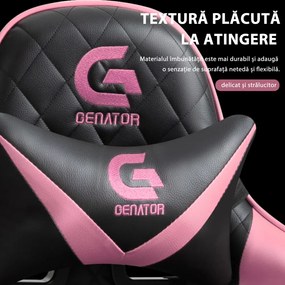 Scaun gaming, masaj în perna lombară, sezut benzi elastice sustinere, cotiere 3D, suport picioare, funcție sezlong, Negru/Roz