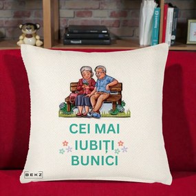 Cadou pentru Bunici - Perna Personalizata Cei Mai Iubiti Bunici Cuplu pe Banca Ilustratie, 40x40 cm, Crem Reliefat, Husa Detasabila, Perna Inclusa, BEKZ®