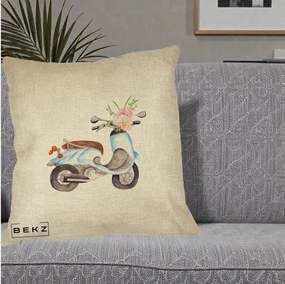 Perna Decorativa Scuter Albastru cu Flori Acuarela, 40x40 cm, Crem, Husa Detasabila, Perna Inclusa, BEKZ®