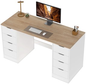 HOMCOM Birou de 140 cm pentru calculator, 8 sertare, birou pentru homeoffice, dormitor, oțel, lemn, alb | Aosom Romania