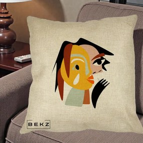 Perna Decorativa Portret Abstract Galben-Ocru, 40x40 cm, Crem, Husa Detasabila, Perna Inclusa, BEKZ®