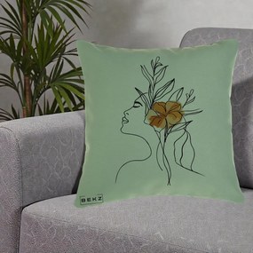 Perna Decorativa Portret Feminin Floare Portocalie Lateral, 40x40 cm, Verde, Husa Detasabila, Perna Inclusa, BEKZ®