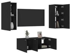 3216805 vidaXL Unități de perete TV cu LED-uri, 4 piese, negru, lemn prelucrat