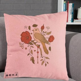 Perna Decorativa Pasare pe Ramura cu Maci, 40x40 cm, Roz, Husa Detasabila, Perna Inclusa, BEKZ®