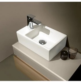 Dulap baza suspendat cu blat sticla, Memento Villeroy&amp;Boch, lavoar stanga, 80.6x46x37cm, stejar deschis/bej, C779L0FC