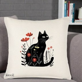 Perna Decorativa Pisica Neagra Flori Rosii Folk, 40x40 cm, Crem Reliefat, Husa Detasabila, Perna Inclusa, BEKZ®