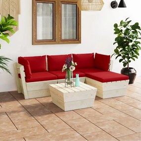 Set mobilier gradina din paleti cu perne, 5 piese, lemn molid Rosu, 2x colt + mijloc + masa + suport pentru picioare, 1