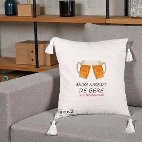 Perna Decorativa Bautor Autorizat de Bere, 40x40 cm, Bej cu Franjuri, Husa Detasabila, Perna Inclusa, BEKZ®