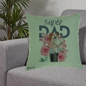 Cadou pentru Tata - Perna Personalizata Super Dad Tata cu Fetita si Flori, 40x40 cm, Verde, Husa Detasabila, Perna Inclusa, BEKZ®