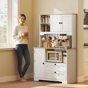 HOMCOM Bufet de Bucătărie Înalt 162 cm, Mobilier de Depozitare cu 2 Dulapuri, 2 Sertare, Suport Condimente, Orificii pentru Cabluri, Rafturi Reglabile, Blat pentru Cuptor cu Microunde, Suporturi pentru Cești, Alb | Aosom Romania