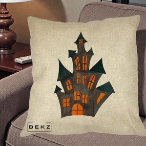 Perna Decorativa Halloween Casa Bantuita Minimalista, 40x40 cm, Crem, Husa Detasabila, Perna Inclusa, BEKZ®