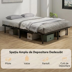HOMCOM Pat Dublu Industrial cu 28 de Lamele și Spațiu de Depozitare, din Lemn și Oțel, 190x140x31 cm, Negru și Lemn Natur | Aosom Romania