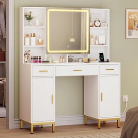 SEA1 - Set Masa toaleta 104 cm, cu 3 sertare, Cu Priza, USB si USB-C, cosmetica, machiaj, oglinda cu LED, masuta vanity, make-up - Alb