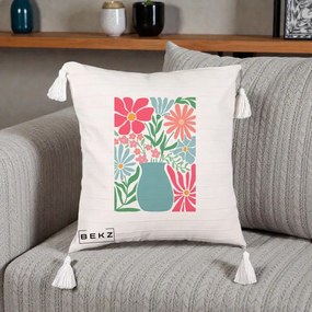 Perna Decorativa Flori in Vaza Turcoaz, 40x40 cm, Bej cu Franjuri, Husa Detasabila, Perna Inclusa, BEKZ®