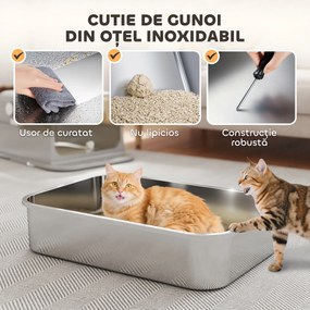 Litieră pentru Pisici PawHut XXL din Oțel Inoxidabil cu Capac Rabatabil la 90° Gri | Aosom Romania