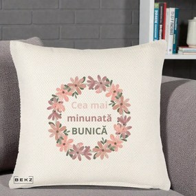 Cadou pentru Bunica - Perna Personalizata Cea Mai Minunata Bunica Coronita Flori Roz, 40x40 cm, Crem Reliefat, Husa Detasabila, Perna Inclusa, BEKZ®