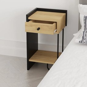 Noptieră neagră/în culoare naturală cu rafturi cu aspect de lemn de stejar Mercure – Marckeric