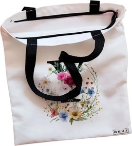 Sacosa de Panza pentru Cumparaturi, Geanta Tote, Cu litera Y in Coronita Florala, Cu fermoar, 38x34.5 cm, Alba, BEKZ®