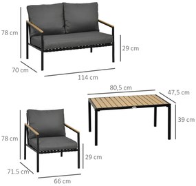 Outsunny Set mobilier de grădină 4 piese 4 persoane cu canapea cu 2 locuri fotolii și masă de cafea 8 perne negru gri închis | Aosom Romania