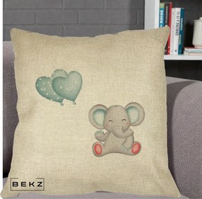 Perna Decorativa Elefant si baloane in forma de inimioare, 40x40 cm, Crem, Husa Detasabila, Perna Inclusa, BEKZ®