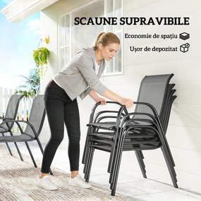 Outsunny Set Masă și Scaune de Grădină 7 Piese, Set Prânz Exterior cu Masă Dreptunghiulară, 6 Scaune Stivuibile din Textilenă, Set Mobilier de Grădină pentru Terasă, Balcon, Patio, Gri Deschis | Aosom Romania