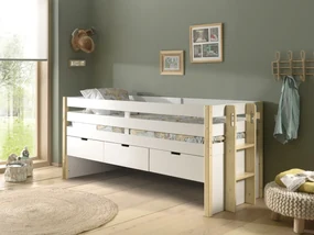 Pat pentru copii MARGRIT, 90 x 200 cm, alb cu tonuri naturale, cu 3 sertare și pat trundle pentru dormit sau depozitare – Vipack