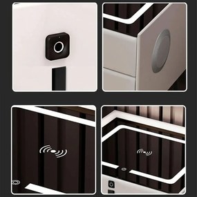 Noptieră inteligentă multifuncțională, 3 sertare, blocare cu amprentă, LED-uri tactile, 3 tipuri de culoare, încărcare fără fir, Difuzor Bluetooth, incarcare USB, sticla securizata, Alb