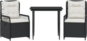 vidaXL Set mobilier de grădină cu perne, 3 piese, negru, poliratan
