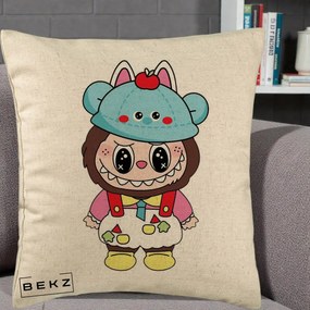 Perna Personalizata Labubu x Urs Albastru Colorat, 40x40 cm, Bej, Husa Detasabila, Perna Inclusa, BEKZ®