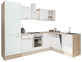 Mobilă de bucătărie de colț Yorki 280, corp din stejar sonoma, față alb satinat cu element inferior al cuptorului și dulap cu rafturi